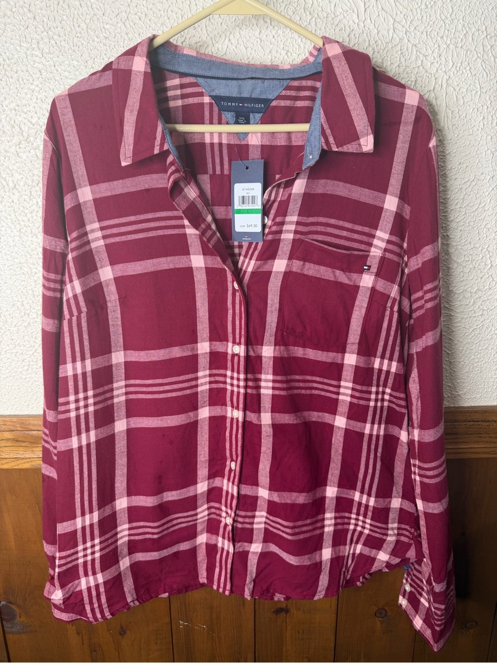 Tommy Hilfiger Maroon and Light Pink Plaid Button-Down Shirt
